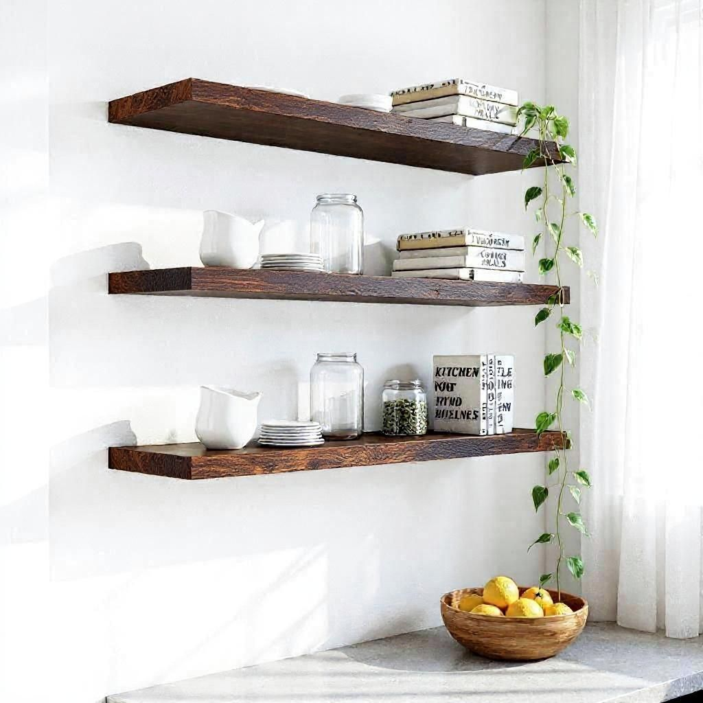 Wooden shelves on a white wall with decorative items and a bowl of fruit on a table.