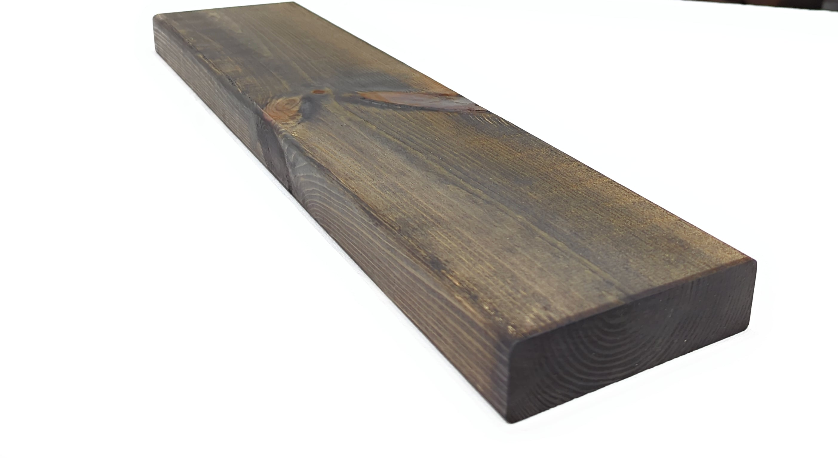 Wooden shelf with a dark finish on a white background