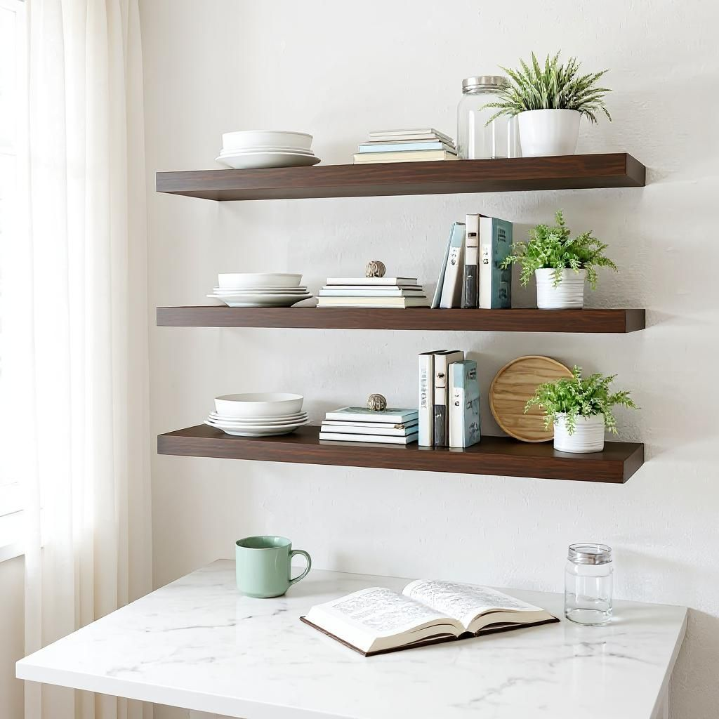 Wooden shelves with decorative items on a white wall