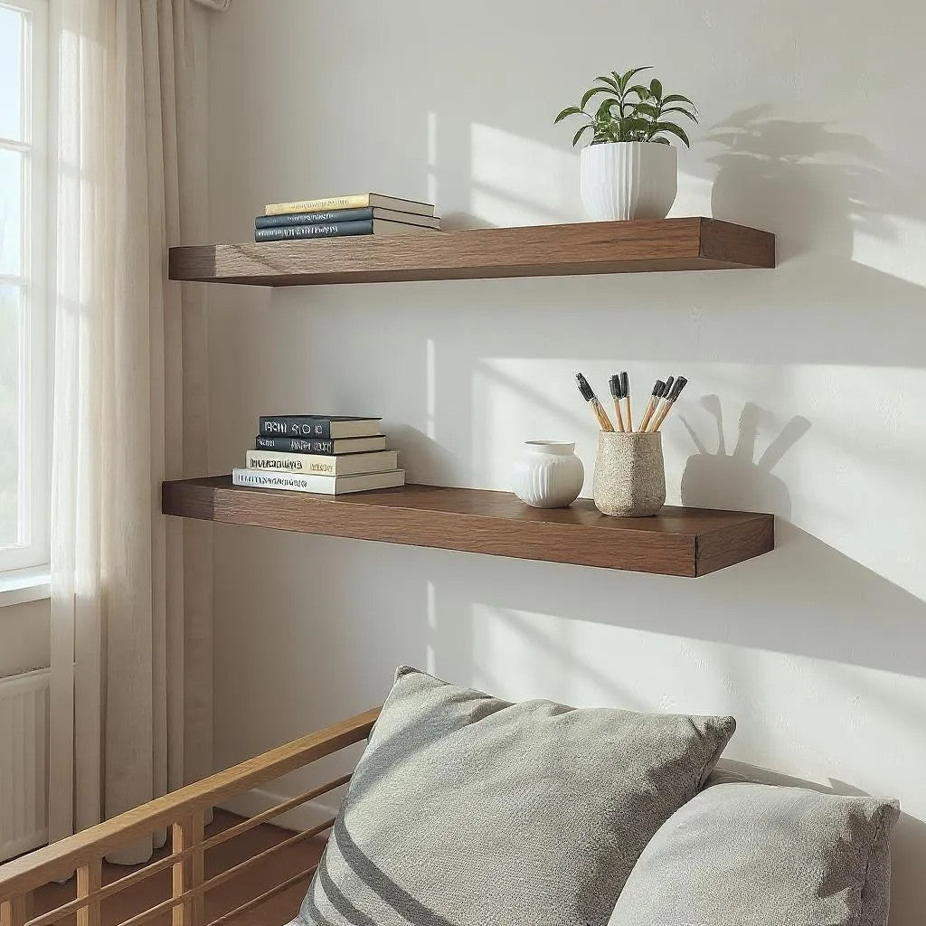 Wooden shelves with books and a plant against a white wall.