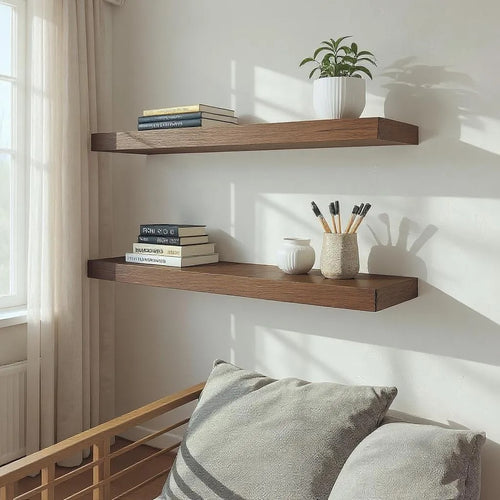 Wooden shelves with books and a plant against a white wall.