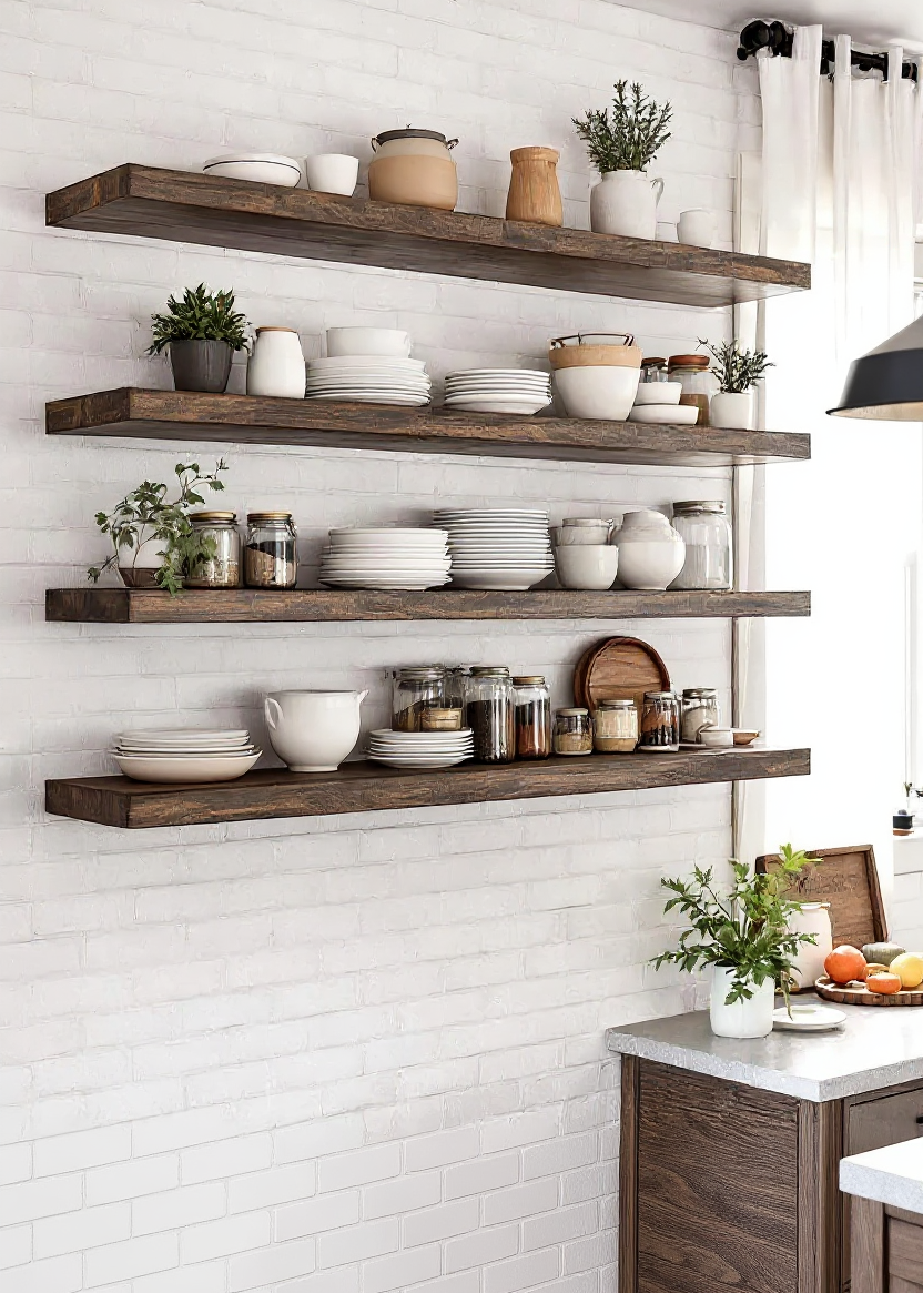 Wooden shelves with kitchen items against a white tiled wall