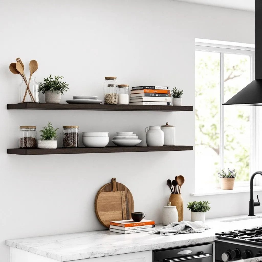 Modern kitchen with wooden shelves, cookbooks, and utensils.