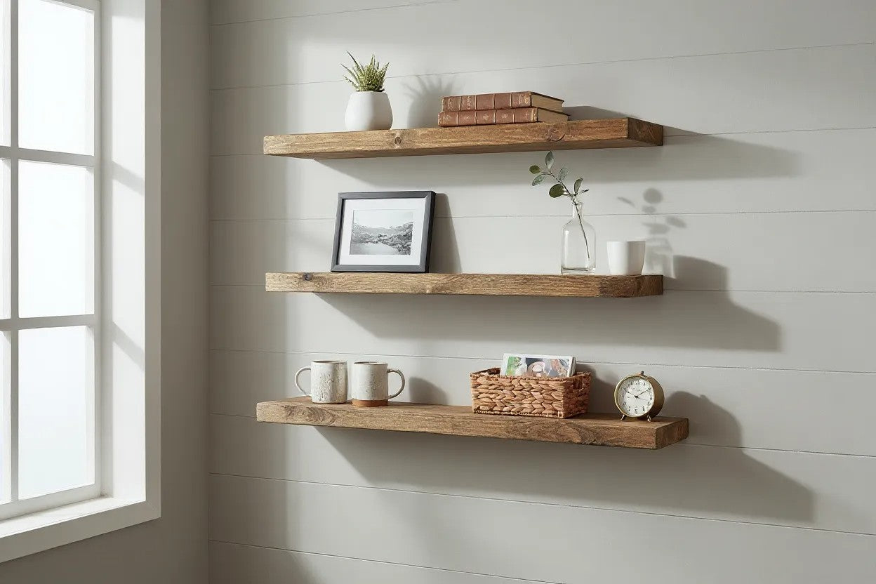 Wooden shelves against a wall with decorative items