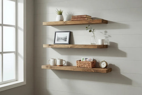 Wooden shelves against a wall with decorative items